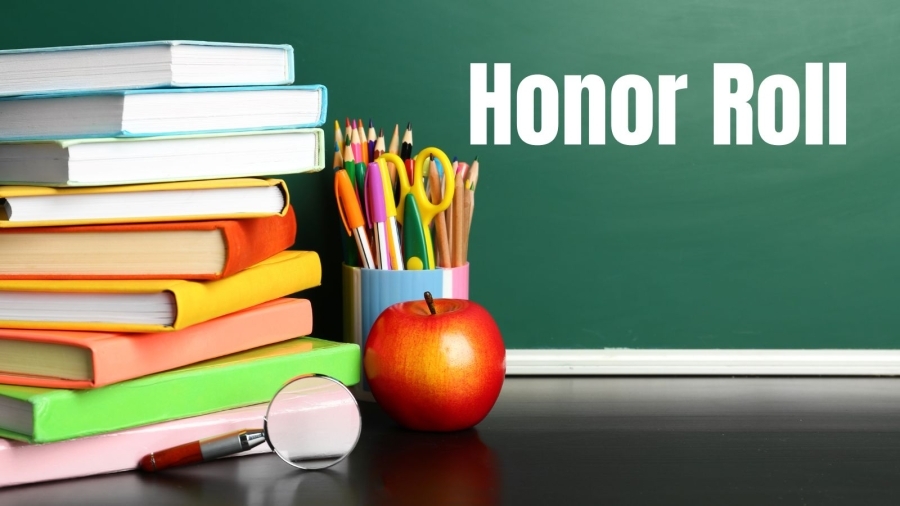 Stack of books, colored pencils, apple, "Honor Roll" on chalkboard